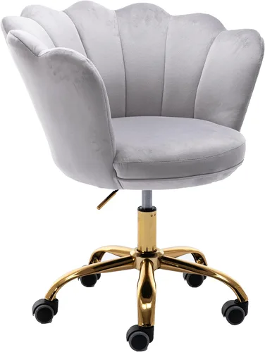 Vista 22 de Cómoda silla de trabajo para oficina en casa con ruedas, bonita y moderna tapizada de terciopelo con respaldo de concha, silla de escritorio Negro