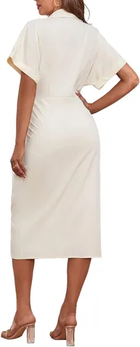 Vista 2 de LYANER Vestido midi de manga corta fruncido con cuello abotonado para mujer
