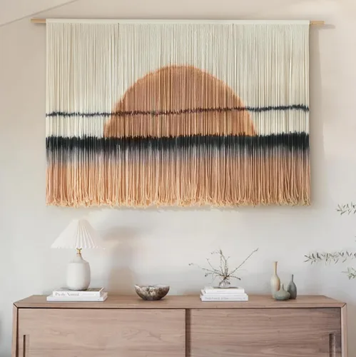 Vista 4 de macramé para colgar en la pared, teñido de inmersión, puesta de sol, decoración de pared, arte de fibra de 57 pulgadas de ancho x 35