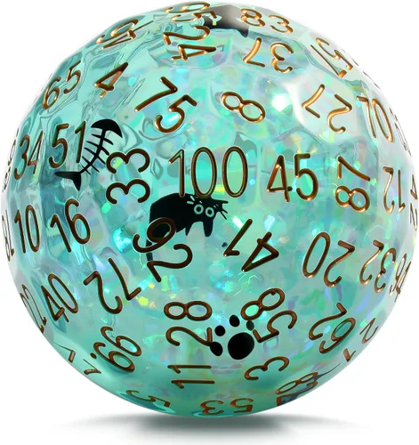 Vista 16 de DNDND Dados D100 de núcleo líquido de 1.969 in con patrón de gato integrado, arena movediza transparente de 100 lados, dados de percentil de resina
