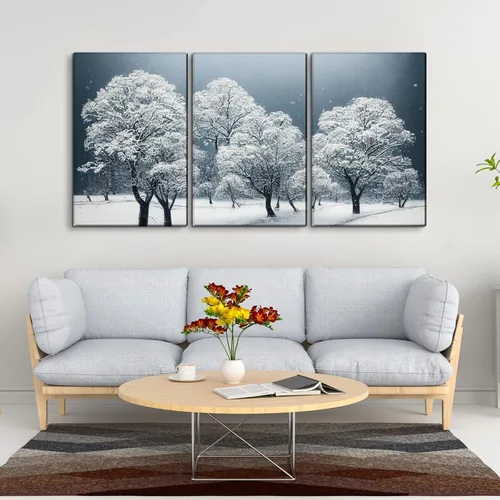 Vista 2 de YONICA Lienzo decorativo de 3 paneles para decoración de oficina en casa, hermoso paisaje con árboles nevados, impresiones en lienzo HD Giclée