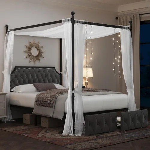 Vista 11 de Keyluv - Marco de cama con dosel tapizado tamaño King con 3 cajones y cabecera tapizada con botones, cama de plataforma metálica con 4 postes Beige