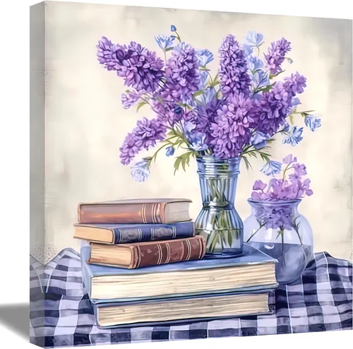 Vista 8 de QIXIANG Lienzo decorativo para pared, diseño de flores blancas, amarillas, azules, margaritas, ramo en un jarrón, impresiones para baño, cocina