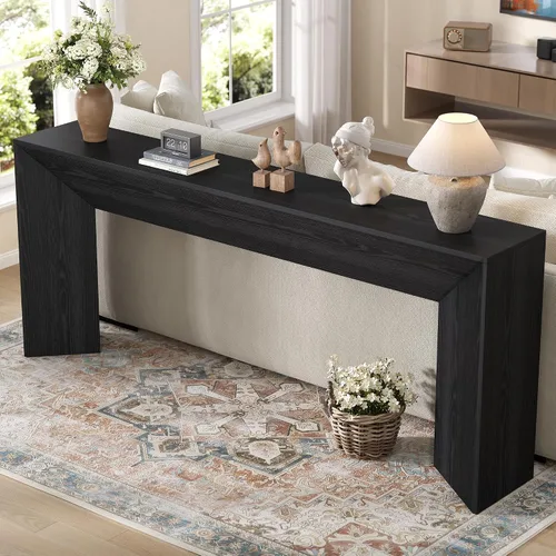 Vista 5 de knoworld Mesa consola de 70.9 pulgadas de largo, mesa de entrada de granja con base triangular resistente, mesa de sofá estrecha de madera detrás