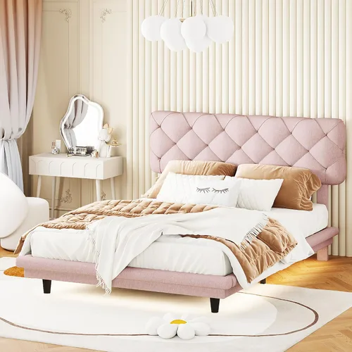 Vista 38 de Cama de plataforma flotante, marco de cama de madera tamaño individual con rayas claras, tela de lino suave y cabecera de diseño capitoné