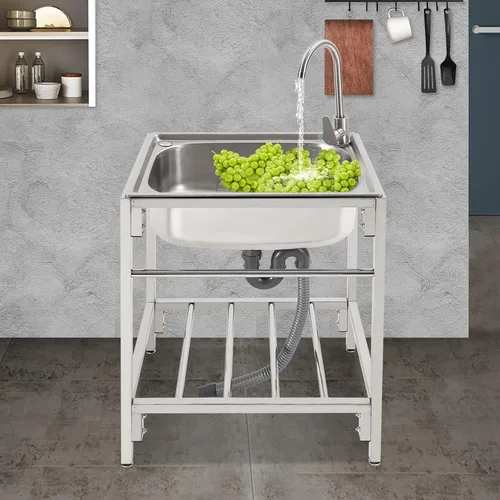 Vista 2 de Fregadero de cocina de restaurante comercial independiente de acero inoxidable con soporte, preparación de cocina y lavabo de mano para el hogar