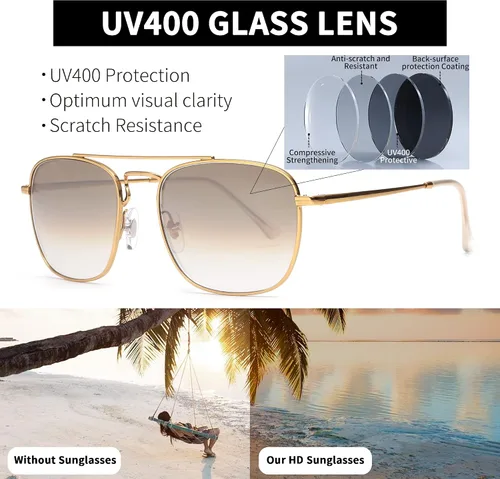 Vista 4 de JIM HALO Gafas de sol retro cuadradas estilo aviador con lente de cristal de alta calidad, gafas planas de metal para hombres y mujeres