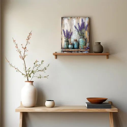 Vista 4 de gaosoul Arte de Pared de Lienzo de Granja Pintura de Campo Francés con Ramo de Lavanda Mariposas Fondo de Madera Envejecida Póster Floral Enmarcado