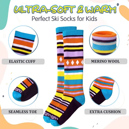 Vista 4 de Aaronano Calcetines de esquí de lana merino para niños calcetines térmicos de invierno para patinaje de nieve para niñas y niños pequeños 2 pares