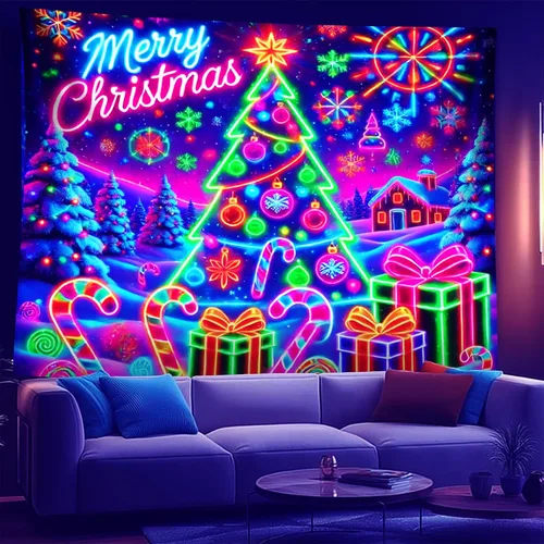 Vista 24 de NYZE - Tapiz de Navidad con Papá Noel, tapiz de luz negra que brilla en la oscuridad, colgante de pared, banner festivo, decoración para fiesta