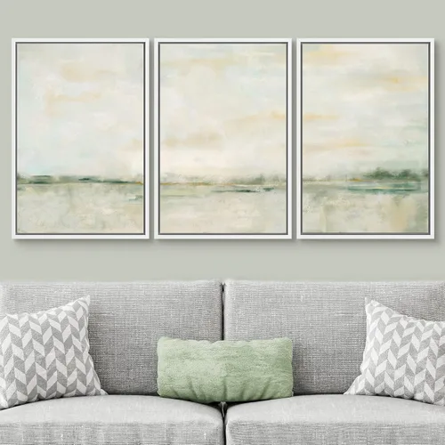 Vista 433 de SIGNWIN Lienzo enmarcado para pared, juego de arte pastel con cadena montañosa, bosque, niebla, naturaleza silvestre, ilustraciones modernas, arte