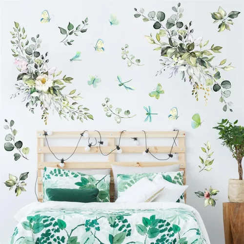 Vista 4 de Vinilo botánico de hojas verdes, calcomanías de vinilo para despegar y pegar, enredaderas rústicas colgantes, mural, mariposas, flores, calcomanías