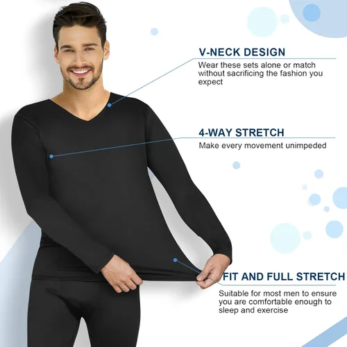 Vista 5 de Patelai Juego de 3 ropa interior térmica para hombre, capa base cálida de invierno, cuello en V, forro polar térmico para clima frío