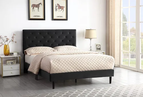 Vista 8 de Base de cama de plataforma tapizada completa con cabecero ajustable de 48 pulgadas de alto, cama de terciopelo de gamuza copetuda con botones