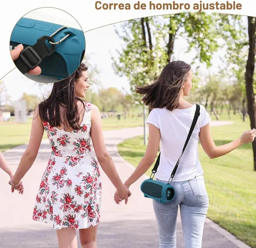 Vista 5 de Funda de silicona para altavoz portátil JBL Charge 5, funda protectora de transporte de viaje con soporte para correa de hombro, cubierta de Negro