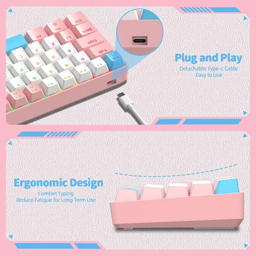 Vista 4 de ZIYOU LANG Teclado mecánico T60 con cable 60% TKL para juegos con retroiluminación LED arco iris ultra compacto NKRO Interruptor táctil azul clicky