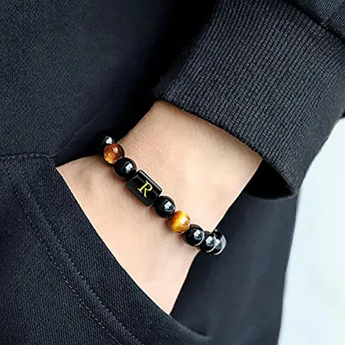 Vista 5 de BONNY BOXX Pulseras con iniciales para hombres, hechas a mano, natural, de ágata negra, cuentas de piedra de ojo de tigre, trenzadas, curativas