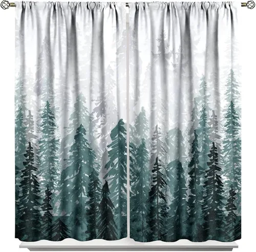 Vista 6 de Cortinas de bosque brumoso azul, bolsillo para barra, paisaje natural, árbol brumoso, montañas, camping, paisaje, rústico, impreso, dormitorio, sala