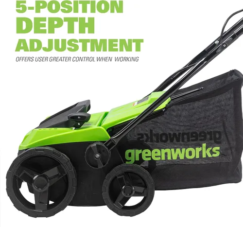 Vista 3 de Greenworks - Rastrillo eléctrico 2 en 1 con cable de 13 amperios y 14 pulgadas, con ajuste de profundidad de 3 posiciones e inicio con botón