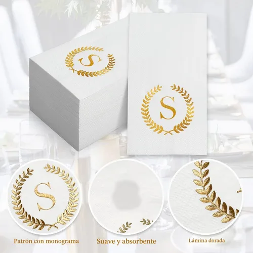 Vista 4 de Paquete de 200 servilletas desechables con monograma de papel de aluminio dorado con letra S, toallas de papel desechables para boda, compromiso