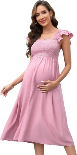 Vista 2 de BeautyNee Vestido de maternidad para mujer para sesión de fotos, baby shower, con tirantes delgados, manga y cuello cuadrado, vestido maxi bohemio