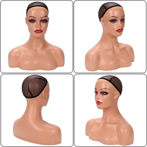 Vista 3 de Cabeza de maniquí femenina realista con hombro para exhibición, cabeza de maniquí con hombro para peluca/joyería/maquillaje/sombrero/gafas de sol
