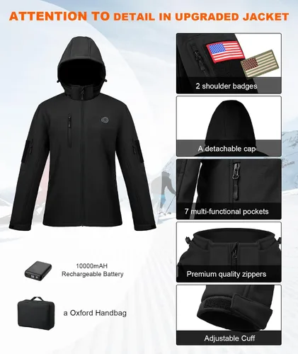 Vista 4 de Chaqueta térmica para mujer con batería, rompevientos impermeable, desmontable con capucha, chaqueta térmica eléctrica