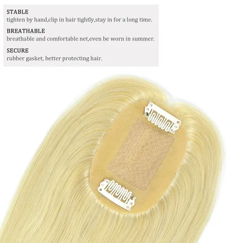 Vista 4 de Toppers de cabello humano con clip, sin costuras, para mujer, base de encaje para cabello picante, 12 pulgadas, rubio decolorado