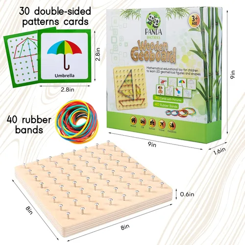 Vista 3 de Panda Brothers Tablero geométrico de madera - Juguetes Montessori para niños de 3, 4 y 5 años y niños pequeños, juguete educativo con 30 tarjetas