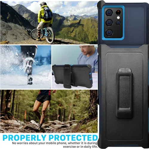 Vista 4 de Funda para Samsung Galaxy S22 Ultra 5G, azul almirante con clip para cinturón, grado militar, resistente al agua, a prueba de golpes, a prueba