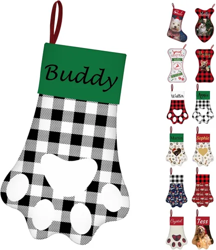 Vista 15 de Calcetines de Navidad personalizados con foto de nombre, medias personalizadas en forma de hueso para perros, gatos, mascotas, medias de Navidad