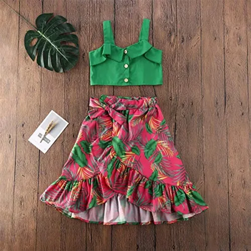 Vista 2 de Conjunto de ropa bohemia de verano con tirantes y hombros verdes para niña pequeña + falda larga con volantes florales