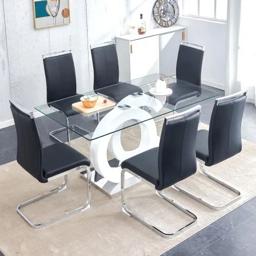 Vista 12 de Juego de mesa de comedor de 63 pulgadas para 4, moderno juego de mesa de comedor de vidrio templado para 4, para el hogar, cocina, sala de estar