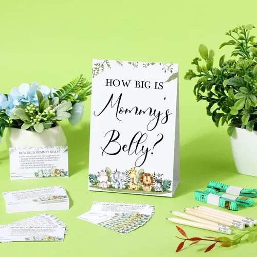 Vista 4 de Sabary 64 Piezas Juegos de Baby Shower Incluyen Letrero How Big is Mommy's Belly Sign Measure Bump Game 50 Tarjetas 10 Lápices 3 Cintas Métricas