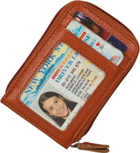 Vista 2 de Billetera con cierre de cuero genuino con tarjetero con bloqueador de señal RFID, S, Marrón