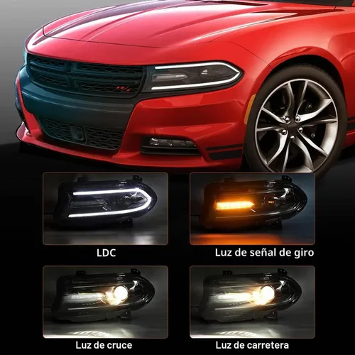 Vista 2 de FIONE - Para Dodge Charger Ensamble de Faros 2015 2016 2017 2018 2019 2020 2021 Halógeno Modelo Con Faros LED DRL y Luces de Señal Giratoria