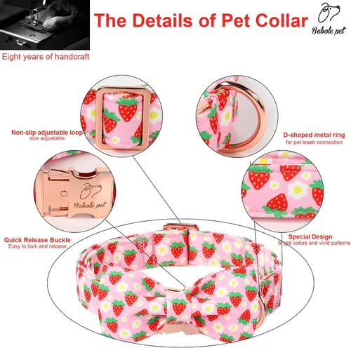 Vista 4 de Lindo collar de perro de fresa con corbatín – Collar ajustable de primavera y verano rosa con corbatín rosa, transpirable y cómodo, para perros