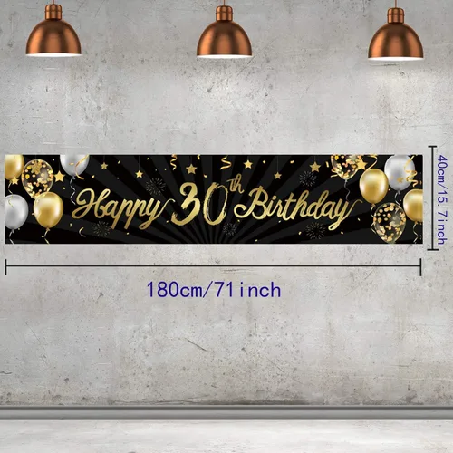 Vista 2 de Cartel de feliz cumpleaños 30 para hombres y mujeres, letrero de 30 años de edad de oro y negro con purpurina, suministros de decoración de fiesta