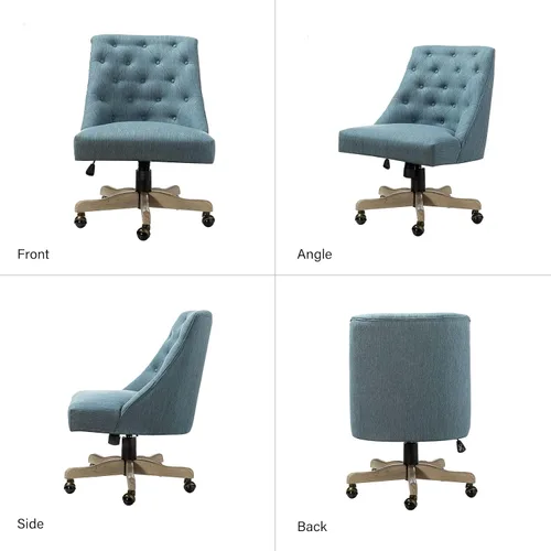 Vista 3 de Silla moderna de oficina en casa sin brazos, cómoda silla de escritorio tapizada con base de madera vintage, silla giratoria de altura ajustable