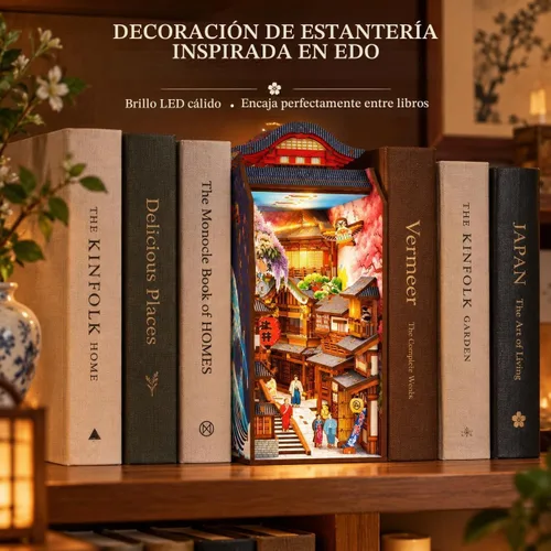 Vista 2 de Edo Sakura Journey - Kit de bricolaje de madera 3D con luz LED, inserto de estantería de flor de cerezo y decoración de sujetalibros