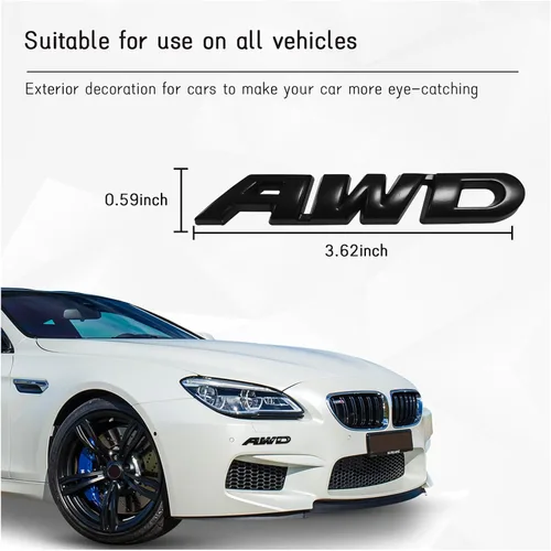 Vista 2 de Dickno Pegatina de emblema AWD, calcomanía de letra 3D de metal para puerta trasera y lateral, emblema adhesivo para parachoques laterales de auto