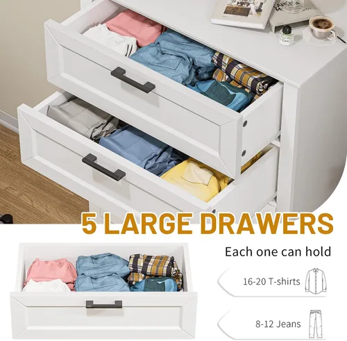 Vista 4 de ZLWJGY Cómoda blanca para dormitorio, cómoda de madera con 5 cajones, cómoda para dormitorio, sala de estar, entrada, pasillo, asas negras