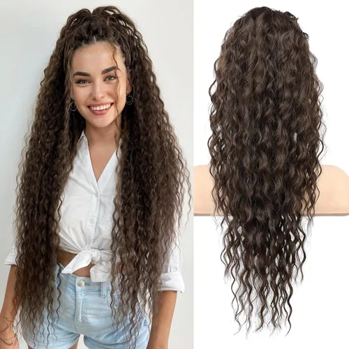 Vista 20 de Flufymooz Extensión de cola de caballo, 22 pulgadas, estilo bohemio, con cordón, extensiones de cabello para mujer, cola de caballo larga, rizada