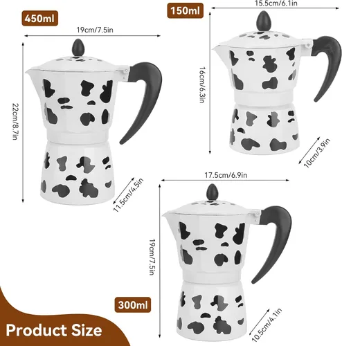 Vista 2 de Cafetera de café expreso para estufa, cafetera de moka de vaca lechera, cafetera portátil de aluminio de 3/6/9 tazas para el hogar, cafetería