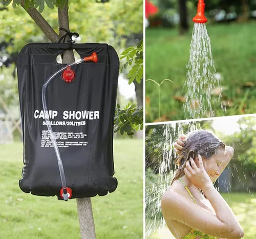 Vista 2 de DkOvn Bolsa de ducha solar, 5 galones/20L, bolsa de ducha para camping portátil con manguera extraíble y cabezal de ducha con interruptor