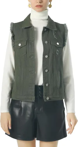 Vista 2 de ebossy Chaqueta de mezclilla desgastada sin mangas de color caramelo para mujer
