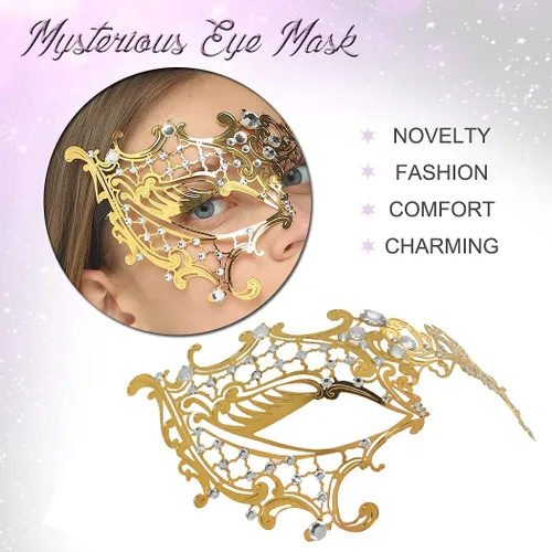 Vista 3 de Máscara de mascarada para mujer, con diamantes de imitación brillantes, veneciana, fiesta, baile de graduación, máscara de metal (media cara dorada)