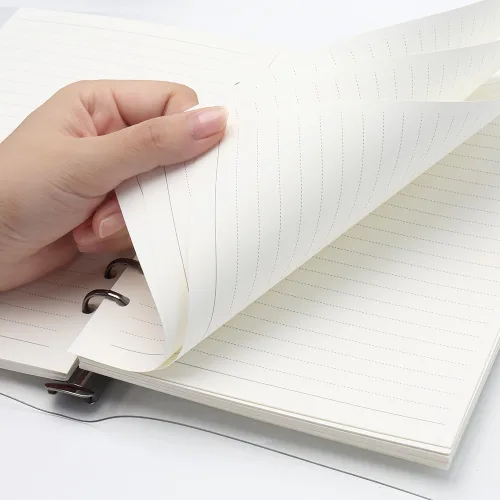 Vista 3 de Carpeta de cuaderno rellenable transparente A5 con 90 hojas de papel rayado en negro, cubierta protectora de PVC transparente suave con 6 anillas