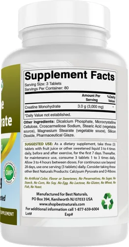 Vista 6 de Best Naturals Monohidrato de creatina 1000 mg 240 Comprimidos