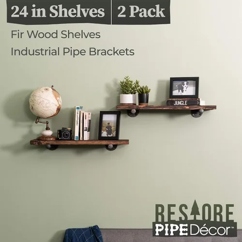 Vista 5 de Pipe DÉCOR - Estantería de madera de abeto Douglas de alta calidad, 24 pulgadas de largo, juego de 2 tablas y 4 soportes rectos, acabado marrón